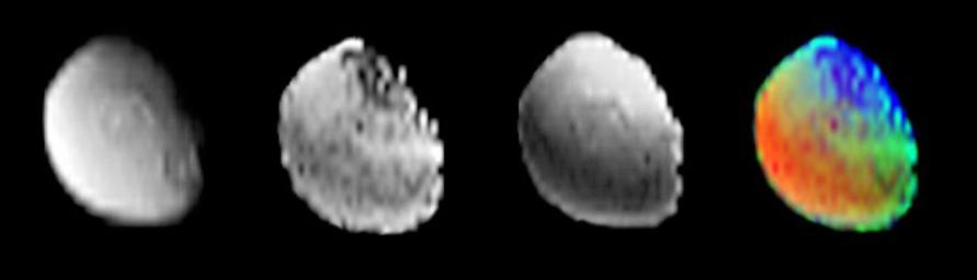NASA's Cassini visual and infrared mapping spectrometer analyzed the surface composition of Saturn's moon Iapetus as Cassini flew over the polar region on Dec. 31, 2004.