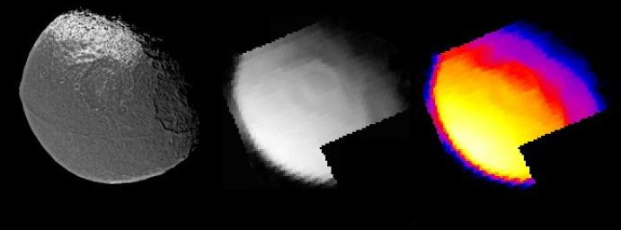 This image of the infrared heat radiation from Saturn's moon Iapetus was obtained by NASA's Cassini composite infrared spectrometer instrument 16 hours before Cassini's closest approach to this mysterious moon.