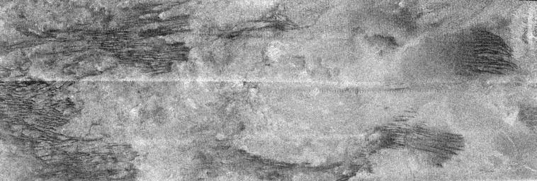 This image is a portion of the swath acquired by NASA's Cassini Titan radar mapper on Feb. 15, 2005, on the mission's second opportunity to image the surface with radar. The optically bright region is named Xanadu. 