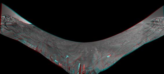 This anaglyph from the base of 'Burns Cliff' in the inner wall of 'Endurance Crater' combines several frames taken by Opportunity's navigation camera during the NASA rover's 280th martian day (Nov. 6, 2004). 3D glasses are necessary to view this image.