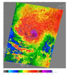 This image, produced from data collected on December 1, 2004, by the SeaWinds scatterometer instrument onboard NASA's QuikScat mission reveals the details of the surface winds and rain in Typhoon Nanmadol as it moves westward.