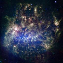 This vibrant image from NASA's Spitzer Space Telescope (detected by the multiband imaging photometer) shows the Large Magellanic Cloud, a satellite galaxy to our own Milky Way galaxy.