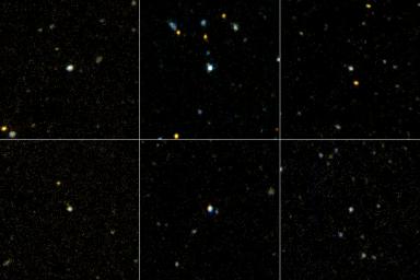 This image shows six of the three-dozen 'ultraviolet luminous galaxies' spotted in our corner of the universe by NASA's Galaxy Evolution Explorer. These massive galaxies greatly resemble newborn galaxies that were common in the early universe.