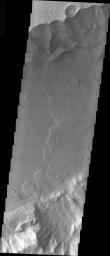 This image from NASA's Mars Odyssey shows several landslides within Eos Chasma on Mars. Many very large landslides have occurred within different portions of Valles Marineris.