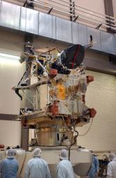A telescopic camera called the High Resolution Imaging Science Experiment, or HiRISE, was installed onto the main structure of NASA's Mars Reconnaissance Orbiter on Dec. 11, 2004 at Lockheed Martin Space Systems, Denver, Colo.