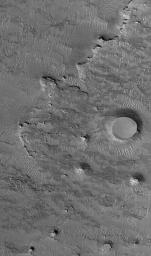 NASA's Mars Global Surveyor shows an eroded landscape occurring west of Sinus Meridiani on Mars. The bedrock at this location is buried beneath a mantle of dust, sand, and granules. Two circular mesas were once meteor impact craters.