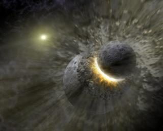 This artist concept illustrates how a massive collision of objects perhaps as large as the planet Pluto smashed together to create the dust ring around the nearby star Vega.