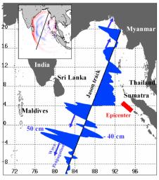 Displayed in blue color is the height of sea surface (shown in blue) measured by NASA's Jason satellite two hours after the initial magnitude 9 earthquake hit the region (shown in red) southwest of Sumatra on December 26, 2004.