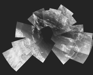 This picture is a composite of 30 images from ESA's Huygens probe. They were taken from an altitude varying from 13 kilometers down to 8 kilometers when the probe was descending towards its landing site.