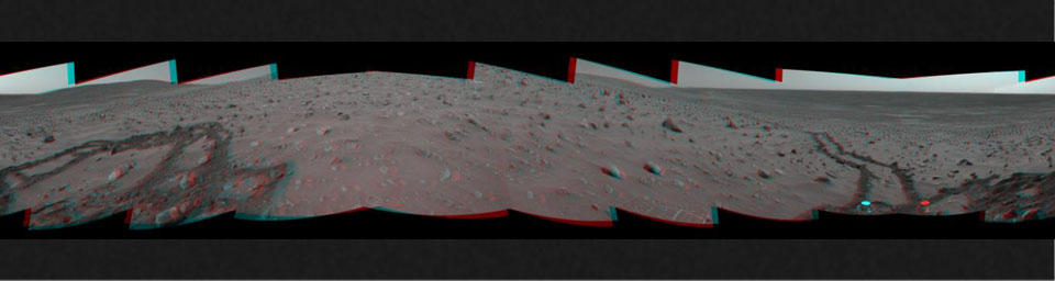 This 360-degree, stereo panorama of a section of the 'Columbia Hills' shows meandering, crisscrossing wheel tracks that NASA's Mars Exploration Rover Spirit left behind. 3D glasses are necessary to view this image.