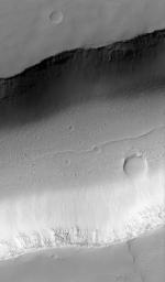 NASA's Mars Global Surveyor shows boulders on the floor of a wide trough in Memnonia Fossae on Mars.