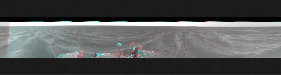 NASA's Mars Exploration Rover Opportunity arrived at this location close to a small crater dubbed 'Alvin' on Feb. 18 & 19, 2005. 3D glasses are necessary to view this image.