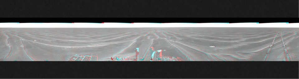 On Feb. 19, 2005, NASA's Mars Exploration Rover Opportunity had completed a drive of 124 meters (407 feet) across the rippled flatland of the Meridiani Planum region. 3D glasses are necessary to view this image.