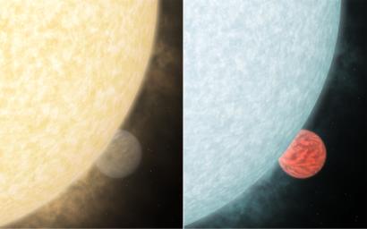This artist's concept shows what a fiery hot star and its close-knit planetary companion might look close up if viewed in visible and infrared light . 