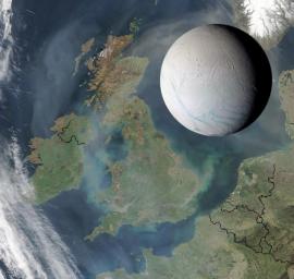 Saturn's moon Enceladus is only 505 kilometers (314 miles) across, small enough to fit within the length of the United Kingdom, as illustrated in this image from NASA's Cassini spacecraft.