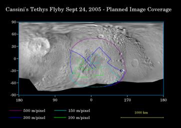 This map of the surface of Saturn's moon Tethys illustrates the regions that were imaged by NASA's Cassini during the spacecraft's close flyby of the moon on Sept. 24, 2005.