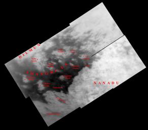 Like an ancient mariner charting the coastline of an unexplored wilderness, NASA's Cassini spacecraft's repeated encounters with Titan are turning a mysterious world into a more familiar place. These combined images were taken on Oct. 28, 2005.
