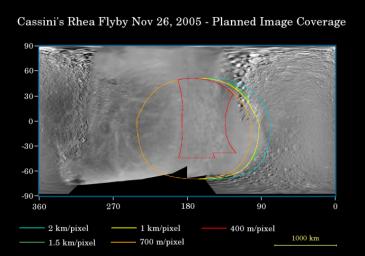 This map of the surface of Saturn's moon, Rhea, illustrates the regions that were imaged by NASA's Cassini during the spacecraft's close flyby of the moon on Nov. 26, 2005.