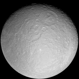 This giant mosaic reveals Saturn's icy moon Rhea in her full, crater-scarred glory. The images in this mosaic were taken with NASA's Cassini spacecraft's narrow-angle camera during a close flyby on Nov. 26, 2005.