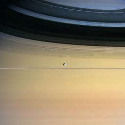 Cool and icy Dione floats in front of giant Saturn bedecked in a dazzling array of colors in this view from NASA's Cassini spacecraft.