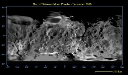 This global digital map of Saturn's moon Phoebe was created using data taken during NASA's Cassini spacecraft's close flyby of the small moon in June 2004. The map is an equidistant projection and has a scale of 233 meters (764 feet) per pixel.