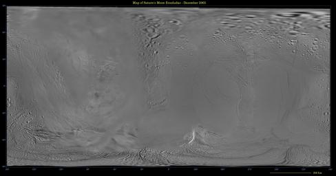 This global digital map of Saturn's moon Enceladus was created using data taken during NASA's Cassini and Voyager spacecraft flybys. The map is an equidistant projection and has a scale of 110 meters (361 feet) per pixel.