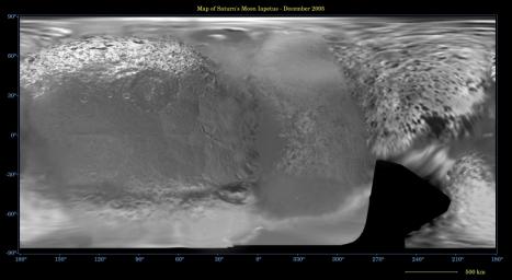 This global digital map of Saturn's moon Iapetus was created using data taken during NASA's Cassini and Voyager spacecraft flybys. The map is an equidistant projection and has a scale of 641 meters (2,103 feet) per pixel.