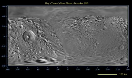 This global digital map of Saturn's moon Mimas was created using data taken during NASA's Cassini and Voyager spacecraft flybys. The map is an equidistant projection and has a scale of 434 meters (1,424 feet) per
pixel.
