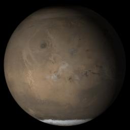 NASA's Mars Global Surveyor shows the Tharsis face of Mars in mid-May 2005.