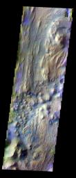 This false-color image from NASA's Mars Odyssey spacecraft shows the region on Mars where Ares Vallis enters Iani Chaos.