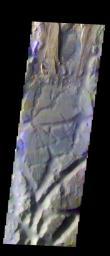 This false-color image from NASA's Mars Odyssey spacecraft shows a location in of Aureum Chaos, taken during Mars' southern fall season.
