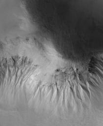 NASA's Mars Global Surveyor shows gullies formed on an equator-facing slope among mounds in Acidalia Planitia. Similar gullies occur in a variety of settings at middle and polar latitudes in both martian hemispheres.