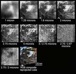 Details of the circular feature, which scientists think is an ice volcano, which could be a source of methane in Titan's atmosphere, show up at wavelengths larger than 1.3 microns. Images were taken during NASA's Cassini Oct. 26, 2004, flyby of Titan.
