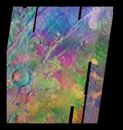 This mosaic from NASA's Mars Odyssey spacecraft shows a region of martian troughs named Nili Fossae. The olivine-rich exposures appear magenta to purple-blue in this color-coding. 