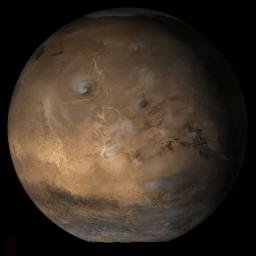 NASA's Mars Global Surveyor shows the Tharsis face of Mars in mid-April 2006.