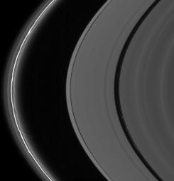 The A and F rings are alive with moving structures in view from NASA's Cassini spacecraft. Graceful drapes of ring material created by Prometheus are seen sliding by at left, while clumpy ringlets slip through the Encke Gap.