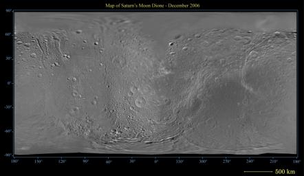 This global digital map of Saturn's moon Dione was created using data taken by NASA's Cassini spacecraft, with gaps in coverage filled in by NASA's Voyager spacecraft data.