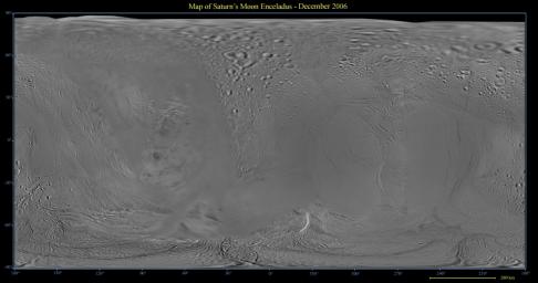 This global digital map of Saturn's moon Enceladus was created using data taken by NASA's Cassini spacecraft, with gaps in coverage filled in by NASA Voyager spacecraft data.