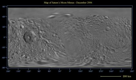 This global digital map of Saturn's moon Mimas was created using data taken by NASA's Cassini spacecraft, with gaps in coverage filled in by NASA's Voyager spacecraft data