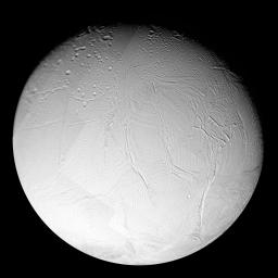 A variety of surface ages is revealed in this 16-image mosaic taken during NASA's Cassini's first close flyby of Enceladus, on Feb. 17, 2005.
