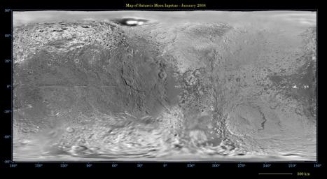 This global map of Iapetus was created using images taken during NASA's Cassini spacecraft flybys, with Voyager images filling in the poles.
