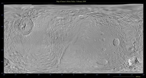 This global map of Saturn's moon Tethys was created using images taken during NASA's Cassini spacecraft's flybys, with Voyager images filling in the gaps in Cassini's coverage.