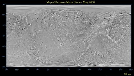 This global map of Saturn's moon Dione was created using images taken during NASA's Cassini spacecraft flybys, with Voyager images filling in the gaps in Cassini's coverage.