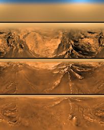 This poster shows a flattened (Mercator) projection of the view from the descent imager/spectral radiometer on the European Space Agency's Huygens probe at four different altitudes.