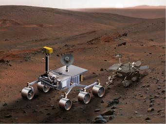 An artist's concept of NASA's Mars Science Laboratory (left) serves to compare it with Spirit, one of NASA's twin Mars Exploration Rovers. Both superimposed by special effects on a scene from Mars.
