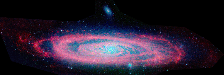 This image shows the Andromeda galaxy, first as seen in visible light by the National Optical Astronomy Observatory, then as seen in infrared by NASA's Spitzer Space Telescope.