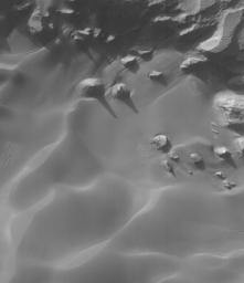 NASA's Mars Global Surveyor shows buttes and mesas surrounded by sand dunes on the floor of Rabe Crater, Mars. Gullies of uncertain origin cut sand dune surfaces in the top (north) quarter of the scene.