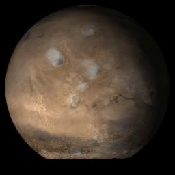 NASA's Mars Global Surveyor shows the Tharsis face of Mars in mid-July, 2006.