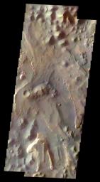 This two frame mosaic shows part of Aureum Chaos on Mars as seen by NASA's 2001 Mars Odyssey spacecraft.