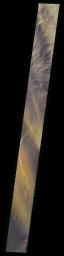 This image from NASA's Mars Odyssey spacecraft shows true-color of a banded Martian landscape.